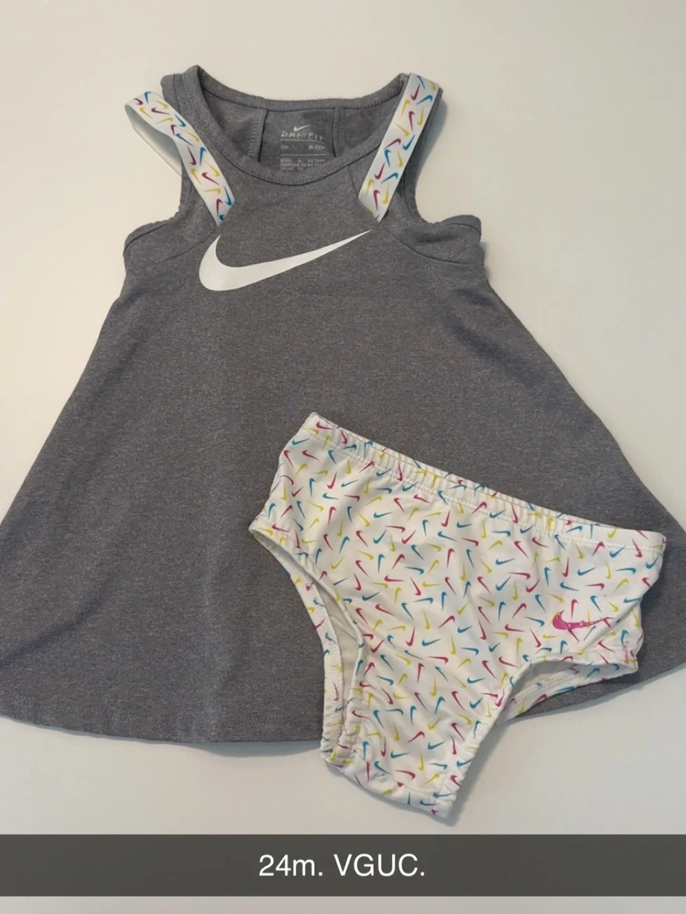 Nike Gray Tank Dress with White Swoosh and Multicolor Printed Swim Bottoms